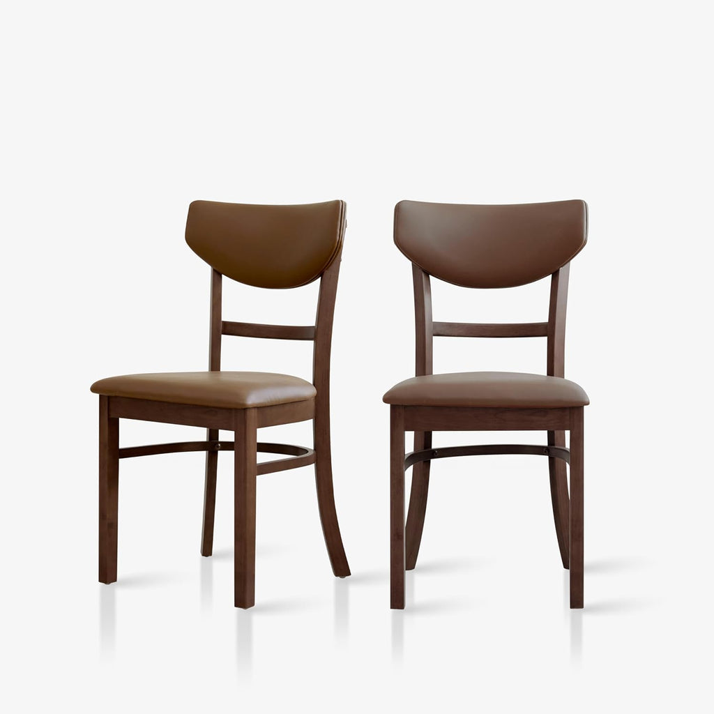 Livinia Bay Dining Chair Set of 2, Solid Malaysian Oak PU Leather Upholstered Cushion Seat, Curved Back Side Chairs (Walnut)