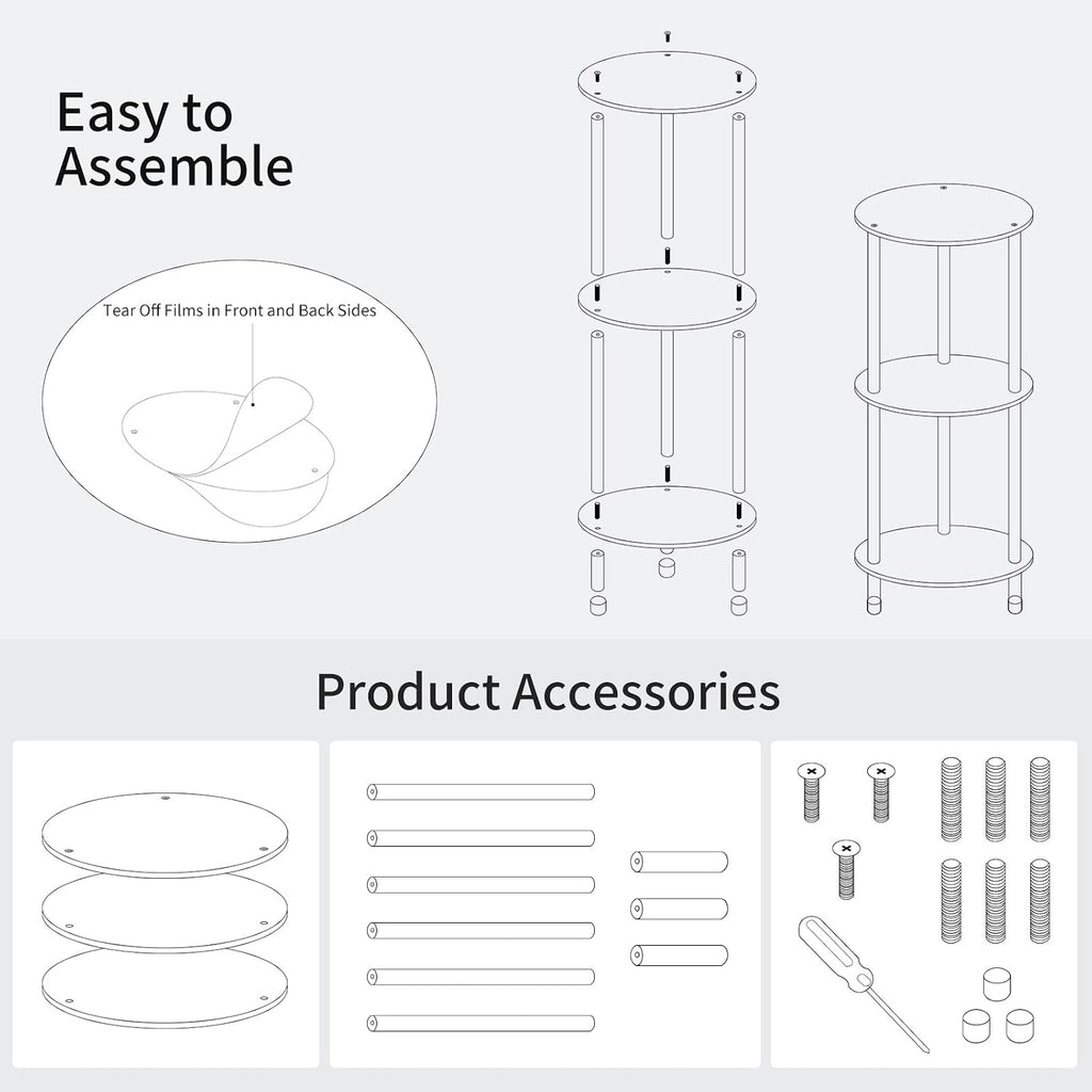 Clear Round Acrylic Side Table for Small Spaces, 11.81" L x 11.81" W x 26.7" H, 3 Tier Small Modern Drink End Table Nightstand, Minimalist Bedside Table for Living Room, Bedroom, Bathroom