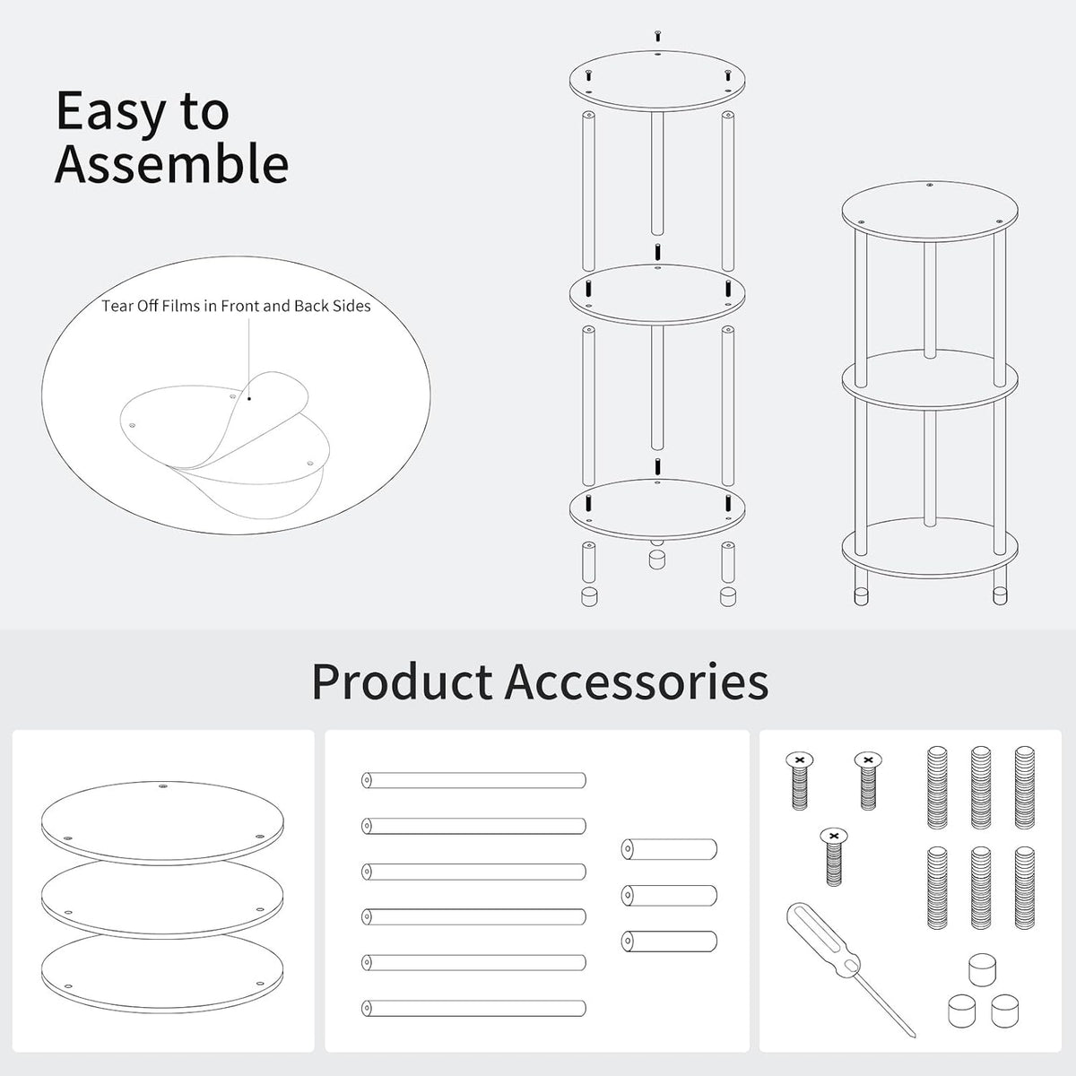 Clear Round Acrylic Side Table for Small Spaces, 11.81" L x 11.81" W x 26.7" H, 3 Tier Small Modern Drink End Table Nightstand, Minimalist Bedside Table for Living Room, Bedroom, Bathroom
