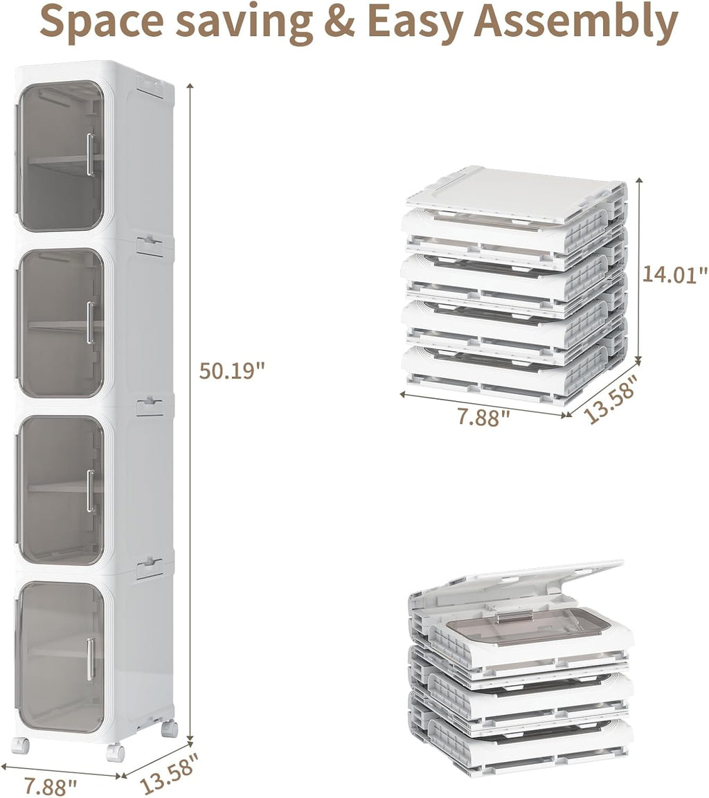 4 Tier Slim Bathroom Storage Cabinet, Foldable and Movable, White | Tools Free, ABS and PET, Magnetic Clear Door, Adjustable Shelves, Lockable Wheels, Water Resistant, For Narrow Space