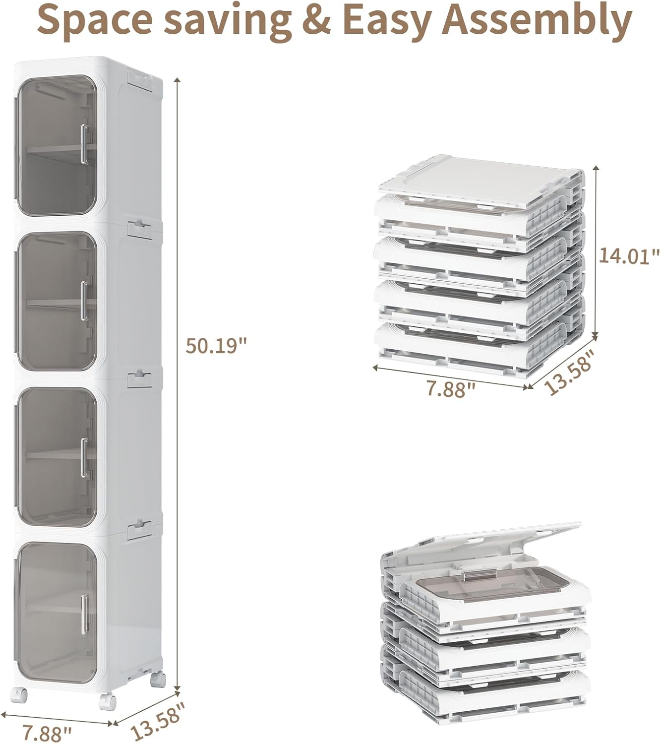 4 Tier Slim Bathroom Storage Cabinet, Foldable and Movable, White | Tools Free, ABS and PET, Magnetic Clear Door, Adjustable Shelves, Lockable Wheels, Water Resistant, For Narrow Space