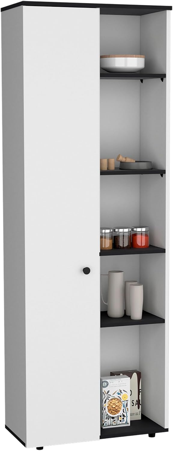 67" H Kitchen Storage Cabinet with One Door, Five Interior Shelves and Five Exterior Shelves,White/Black