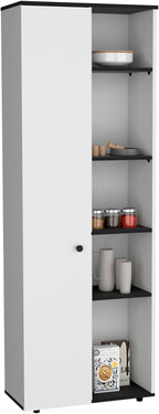67" H Kitchen Storage Cabinet with One Door, Five Interior Shelves and Five Exterior Shelves,White/Black