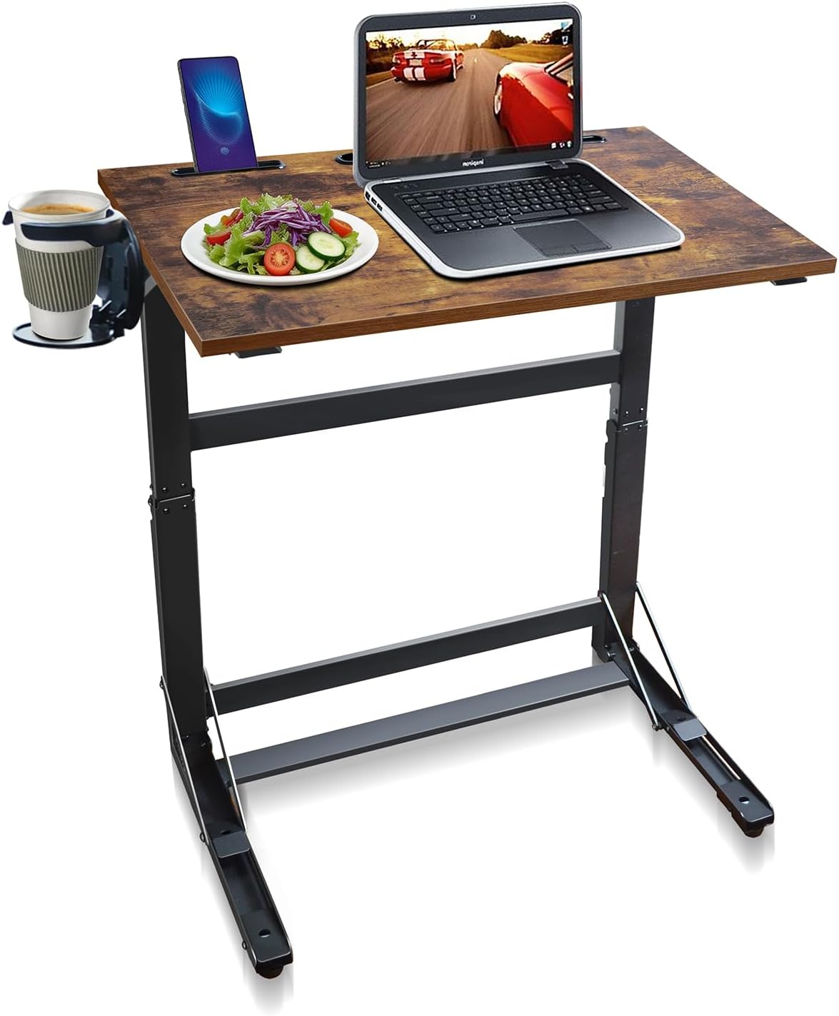 No Assembly Folding TV Tray Table C-Shaped Couch End Table with Cup Holder & Device Slots, Extra Wide Portable Laptop Desk for Eating, Working, Bed, Sofa, Rustic Wood