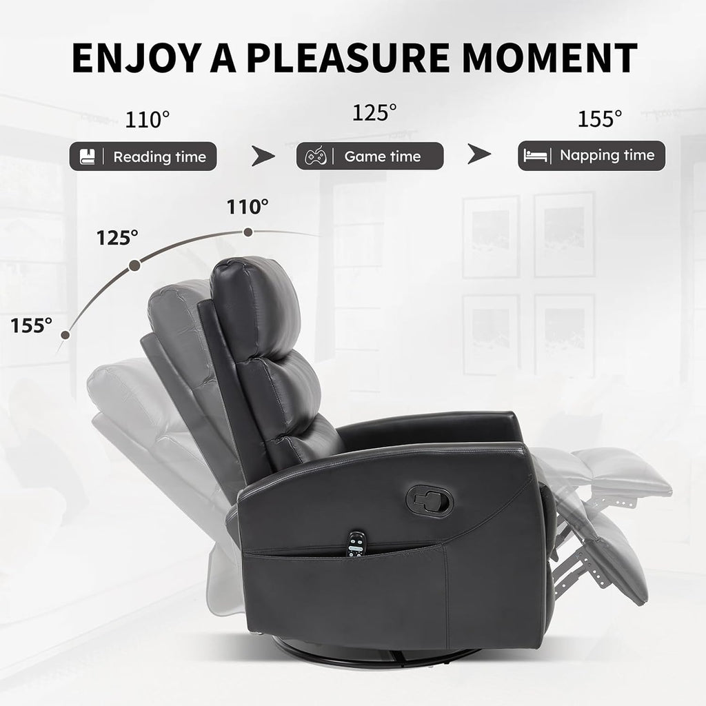 Rocker Recliner Chairs, 360° Swivel Rocking Recliner Chair for Adults,Glider Rocker Recliners, Small Recliners with Vibration Massage and Heat for Living Room (Black)