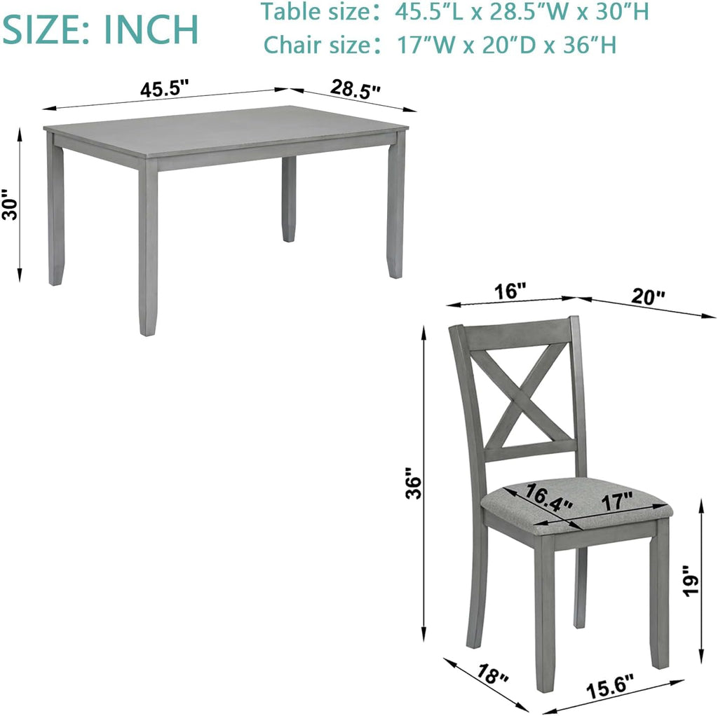 RuiSiSi 5 Piece Dining Table Set for 4, Farmhouse Kitchen Table with 4 Padded Seat Chairs, Wood 5 Piece Dinette Set Rectangular Table for Kitchen, Living Room, Gray