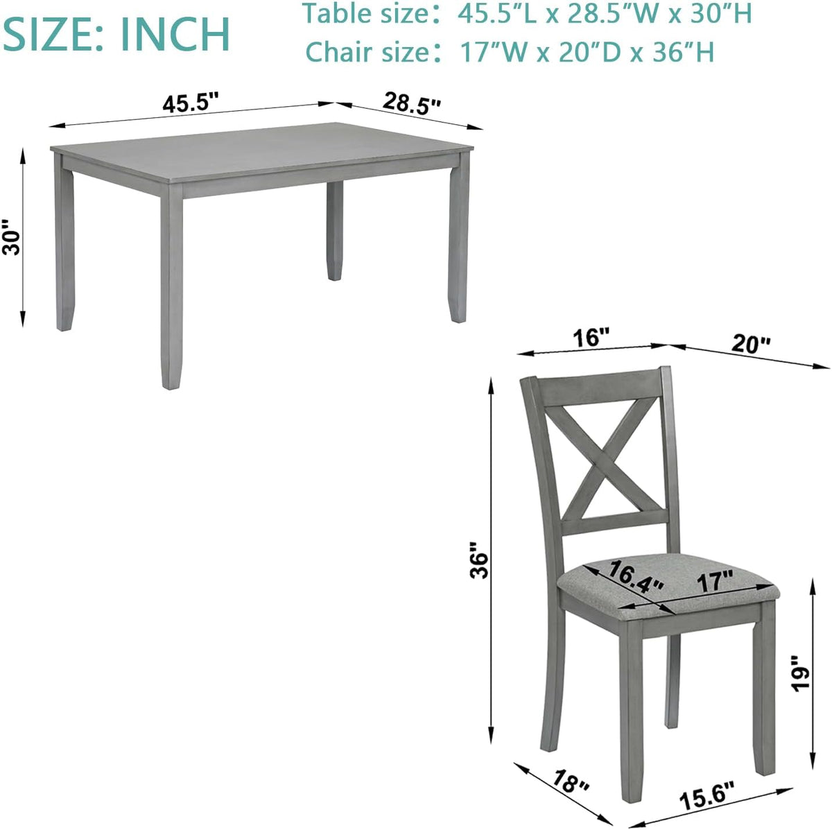 RuiSiSi 5 Piece Dining Table Set for 4, Farmhouse Kitchen Table with 4 Padded Seat Chairs, Wood 5 Piece Dinette Set Rectangular Table for Kitchen, Living Room, Gray