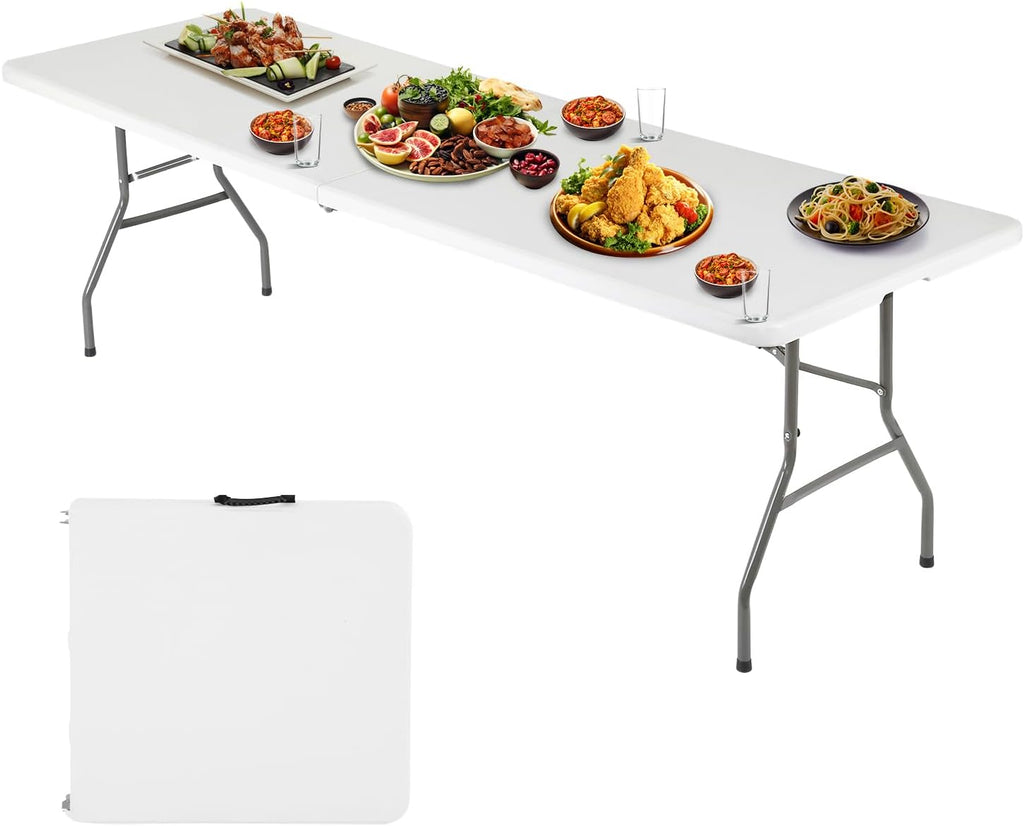 FDW | 6FT Folding Table | White | Portable Plastic Table | with Carry Handle | Waterproof & Foldable Table Design | Steel Frame with Lock | for Events, Camping, Indoor & Outdoor Use