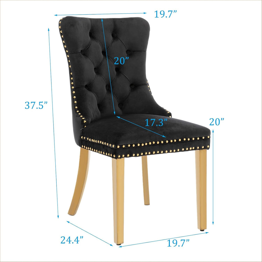 Velvet Dining Chair Set of 2,Upholstered Tufted Dining Room Chair with Nailhead Trim and Stainless Steel Gold Plated Leg for Kitchen,Black