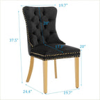 Velvet Dining Chair Set of 2,Upholstered Tufted Dining Room Chair with Nailhead Trim and Stainless Steel Gold Plated Leg for Kitchen,Black