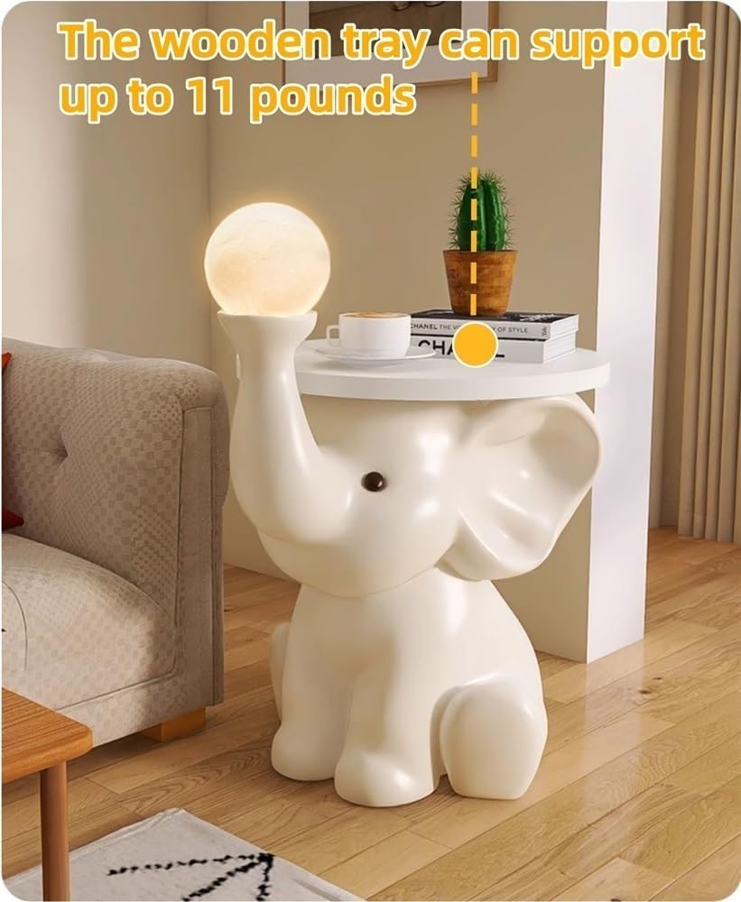 Resin Coffee Table, Elephant Shaped Side Table, Decorative Table with LED Lights, Nightstand with Wooden Tray, for Living Room, Bedroom(16.1x21.2in)