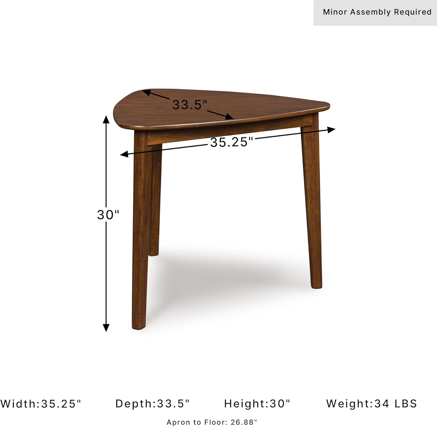 Signature Design By Ashley Lyncott Casual Triangle Dining Room Table, Mid-Century Modern, Seats 3, Rounded Corners, Wood, 35.25" W x 33.5" D x 30" H, Brown