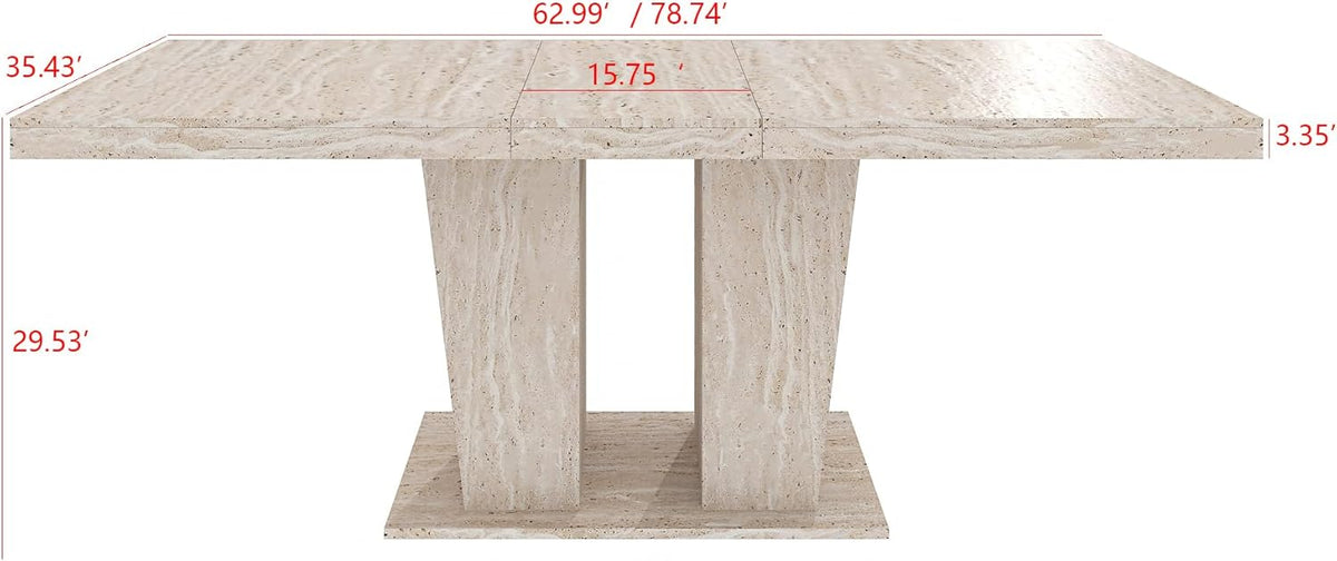 Extendable Dining Room Table for 6 8 10, 78.74" Modern Faux Travertine Wooden Long Large Rectangular Expanding Conference Kitchen Table with Dual Columns Base, White Oak