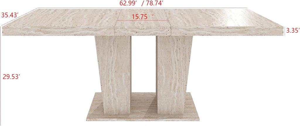 78.74" Rectangular Extendable Dining Room Table for 6 8 10, Modern Faux Travertine Farmhouse Wooden Kitchen Conference Expanding Table with Dual Columns Base, Long Large Expandable, White Oak