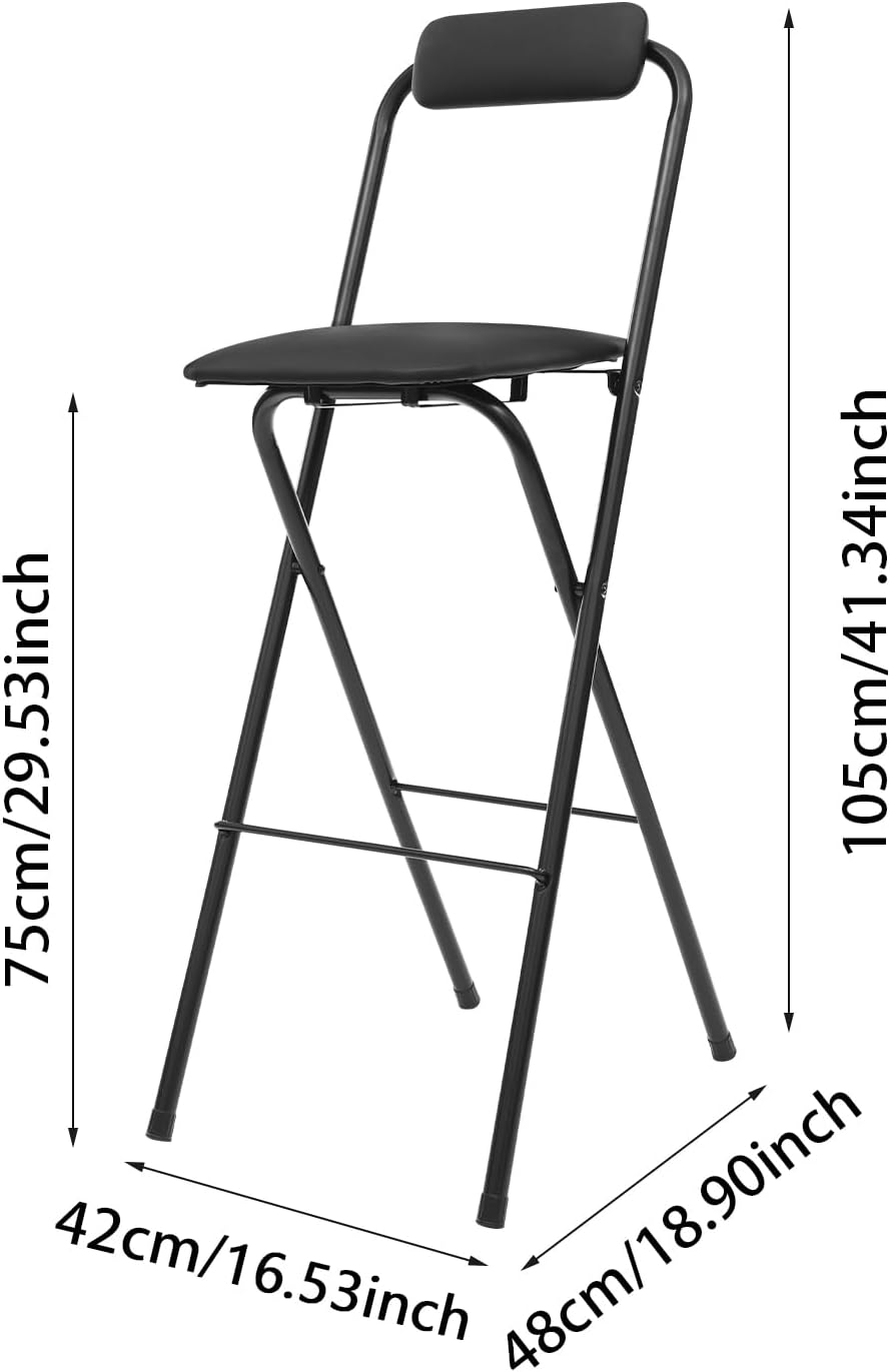 1 Pcs Folding Bar Stools, 29.5 Inch Portable Tall Chairs with Backrest, Carbon Steel Frame and PU Padded Seat for Kitchen, Cafe, Living Room, Camping (Black-2)