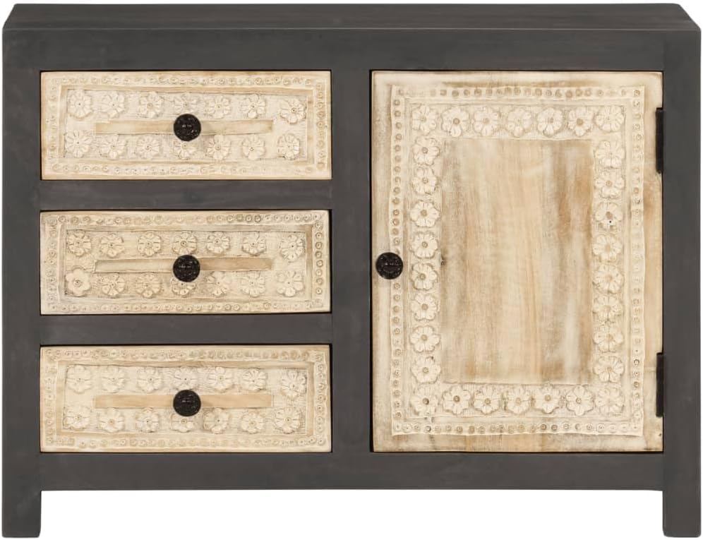 Solid Mango Wood Sideboard, 29.5 Inch Wall Mounted Buffet Cabinet with 3 Soft Close Drawers, Modern Grey and White Carved Accent Credenza for Living Room and Dining Area