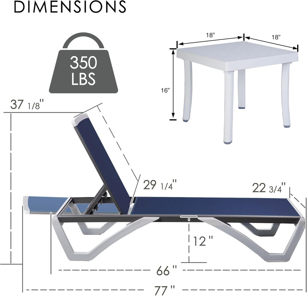Kozyard Outdoor Chaise Lounge Chair, Full Flat Adjustable Patio Lounger with Aluminum Frame & Resin Legs, Textilene Fabric for Poolside, Backyard & Beach (NavyBlue, 2Chairs + Table)
