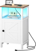 Yoobure Farmhouse NightStand with Charging Station，Wood Night Stand End Table with USB Ports, LED Bed Side Table with Storage Cabinet，Bedside Table for Bedroom, Living Room White