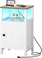 Yoobure Farmhouse NightStand with Charging Station，Wood Night Stand End Table with USB Ports, LED Bed Side Table with Storage Cabinet，Bedside Table for Bedroom, Living Room White