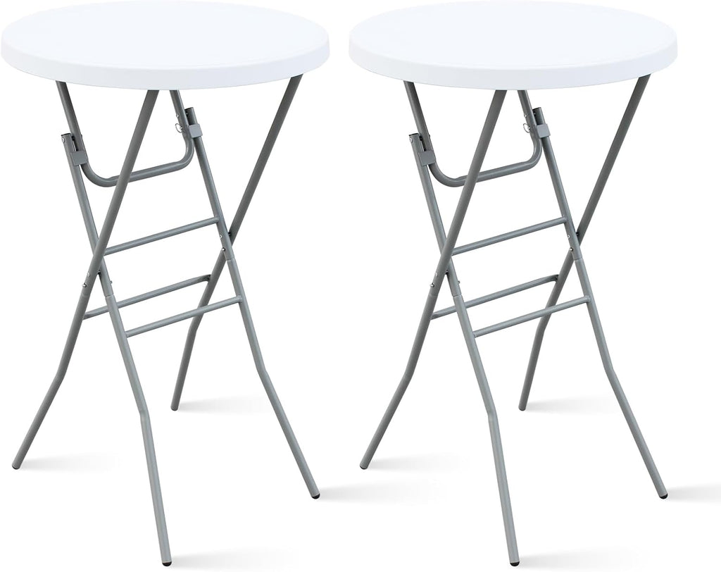 28” Round Folding Bar Table, High Top Cocktail Table with Locking Mechanism, HDPE Waterproof Stain-Resistant Top, Indoor Outdoor Patio Garden Party, White, 2 PCS