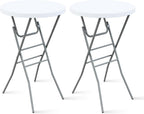 28” Round Folding Bar Table, High Top Cocktail Table with Locking Mechanism, HDPE Waterproof Stain-Resistant Top, Indoor Outdoor Patio Garden Party, White, 2 PCS