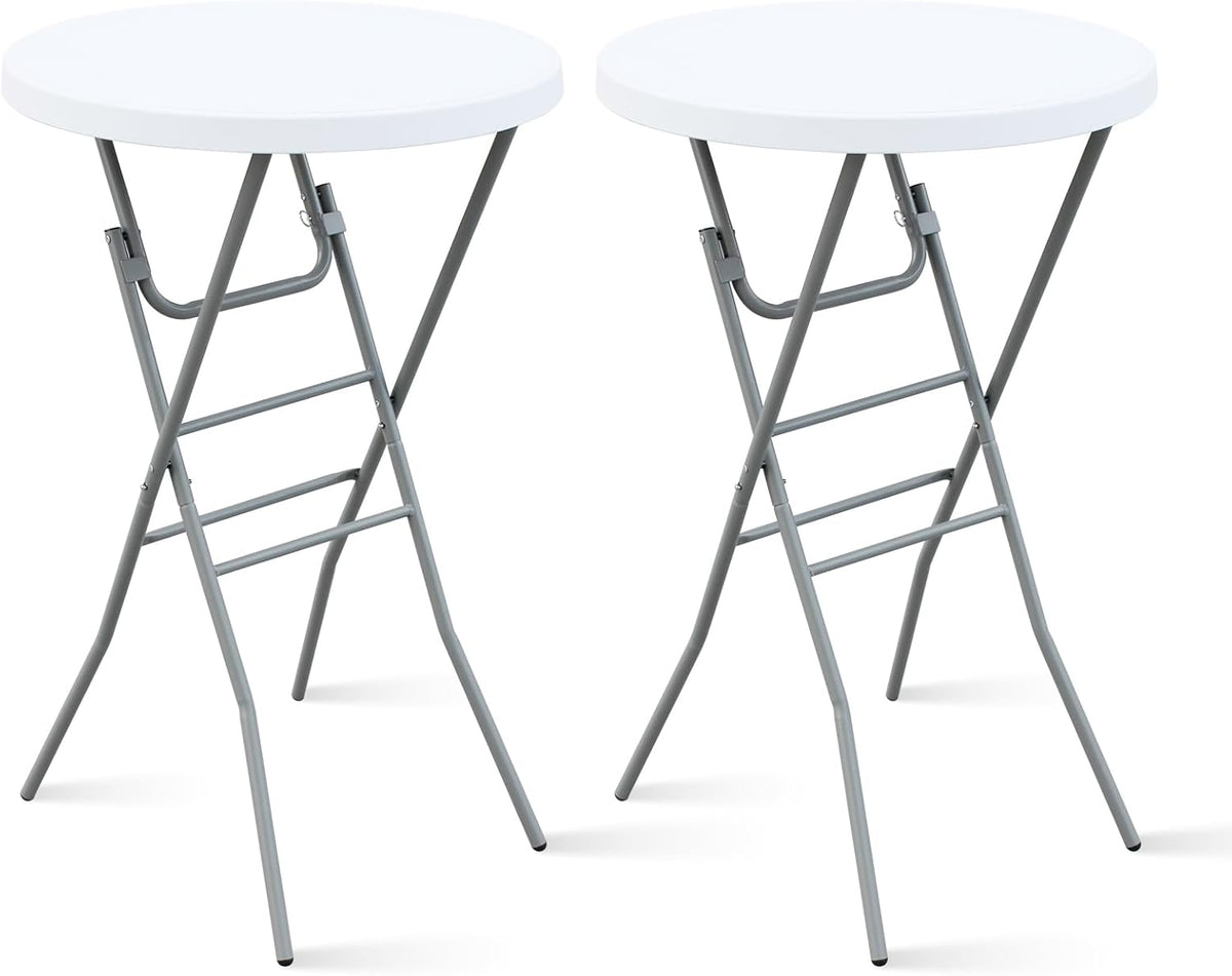 28” Round Folding Bar Table, High Top Cocktail Table with Locking Mechanism, HDPE Waterproof Stain-Resistant Top, Indoor Outdoor Patio Garden Party, White, 2 PCS
