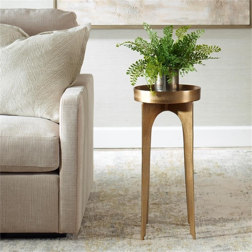 BOWERY HILL Accent Table, 24.3" H x 12.2" W x 12.2" D, Cast Aluminum, Antique Brass Finish, Round Tray Top, Elegant and Durable Design, Practical Living Room or Entryway Furniture
