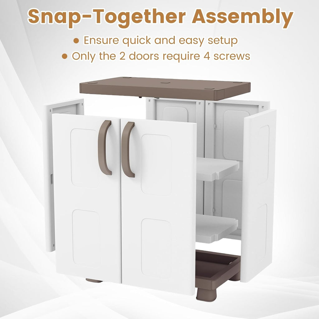 GIANTEX Storage Cabinet with 2 Doors and Adjustable Shelves, Modern Plastic Base Garage Organizer, Floor Sideboard for Kitchen, Dining Room, Bathroom (Wide-29"x19"x37",White+Brown)