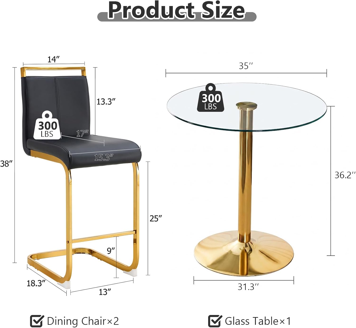 Glass Dining Table Set for 2, Round Bistro Set with Metal Frame, Compact 3-Piece Table and Chairs Set for Small Spaces, Kitchen, Balcony, Living Room, Breakfast Nook (Gold & Black)