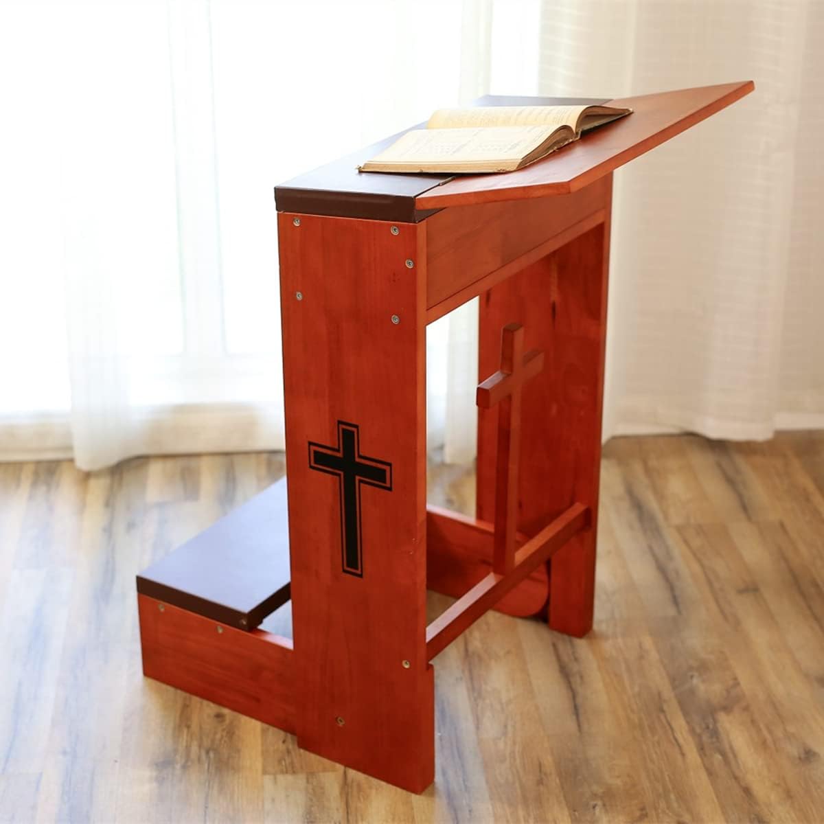 Prayer Bench Stool Table, Wooden Church Prayer Chair Padded Kneeler Shelf Folding Chair for Kneeling at Home