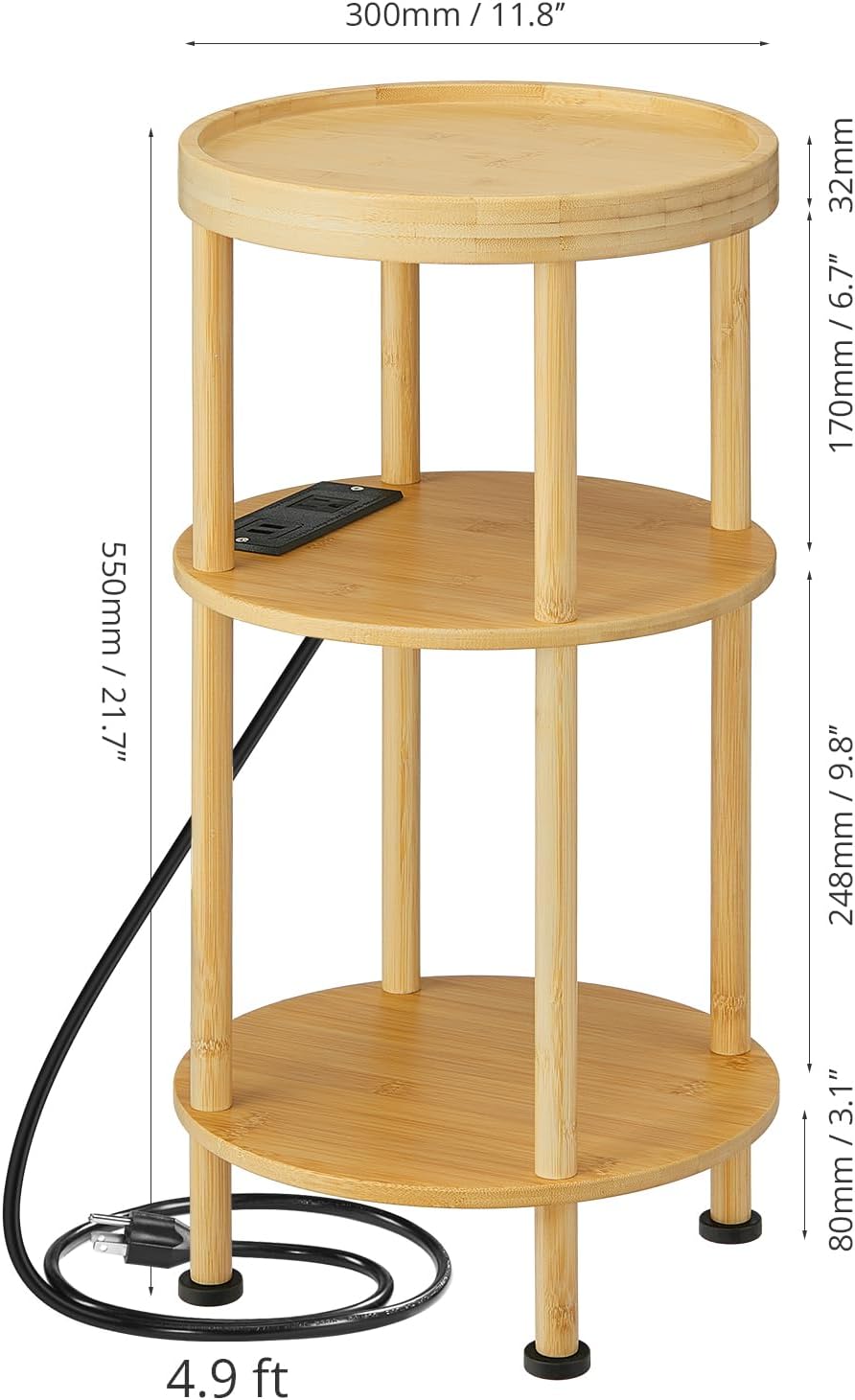 3-Tier Bamboo Round Side Table with Charging Station, Small Round Bamboo End Table with USB Ports & Power Outlets - Corner Table Sofa End Table for Living Room, Bedroom (with Outlet, Natural)