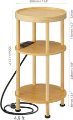 3-Tier Bamboo Round Side Table with Charging Station, Small Round Bamboo End Table with USB Ports & Power Outlets - Corner Table Sofa End Table for Living Room, Bedroom (with Outlet, Natural)