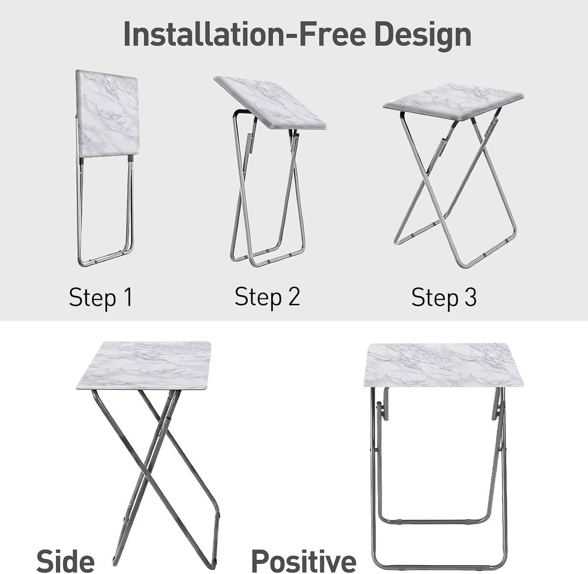 Garden 4 You TV Tray Table, Folding Dinner Tray With No Assembly Required, Sturdy Foldable Snack Eating Table for Living Room, 2PCS (White Marble)