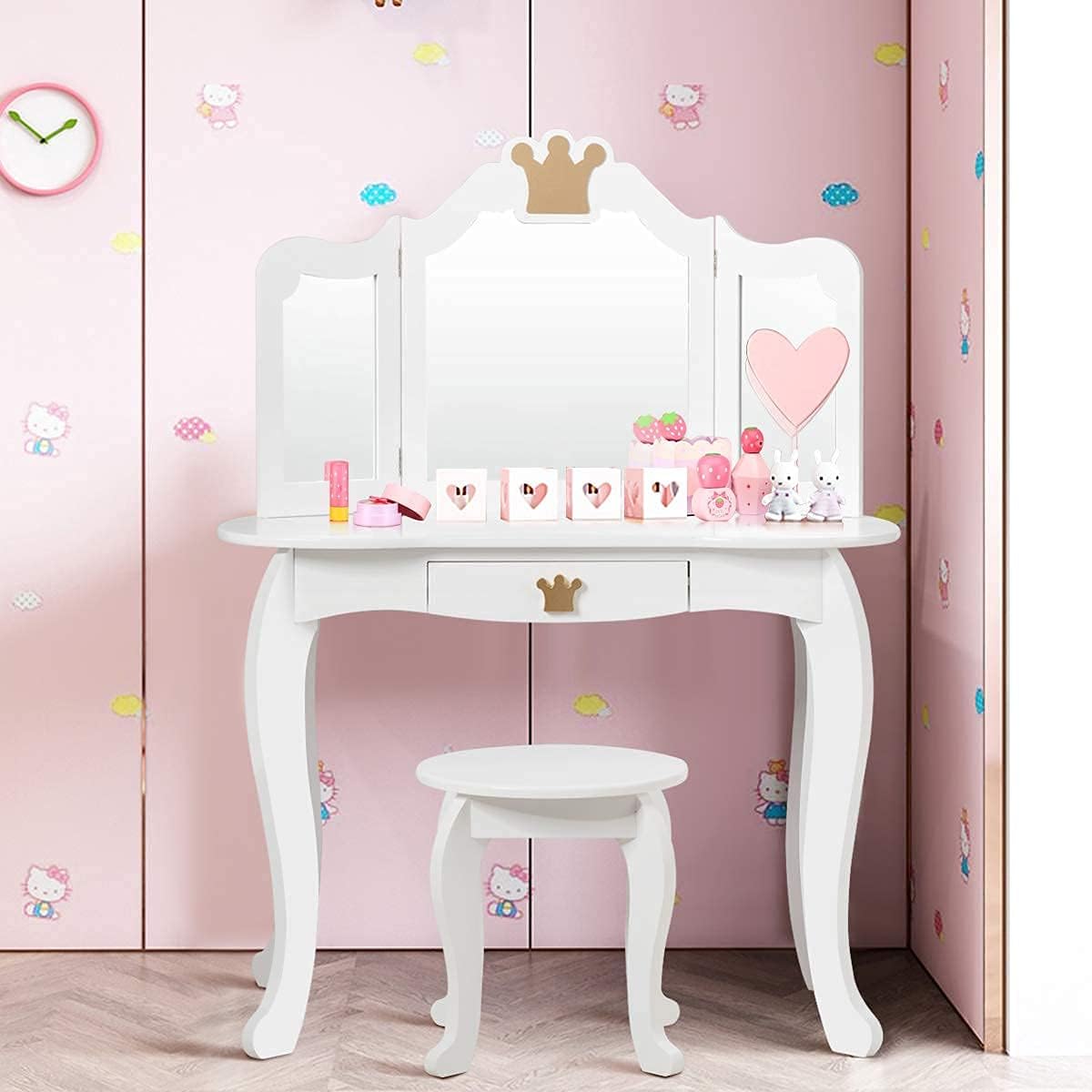 HONEY JOY Kids Vanity, Crown Themed Toddler Dressing Makeup Table and Chair Set w/Drawer & Tri-Folding Mirror, Detachable Mirror, Princess Pretend Play Girls Vanity Set with Mirror and Stool(White)