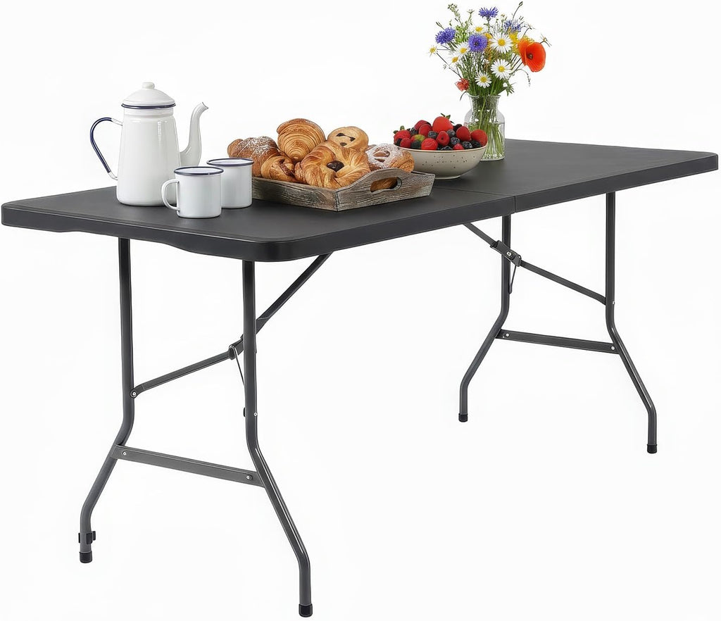 FDW | 6FT Folding Table | Black | Portable Plastic Table | with Carry Handle | Waterproof & Foldable Table Design | Steel Frame with Lock | for Events, Camping, Indoor & Outdoor Use