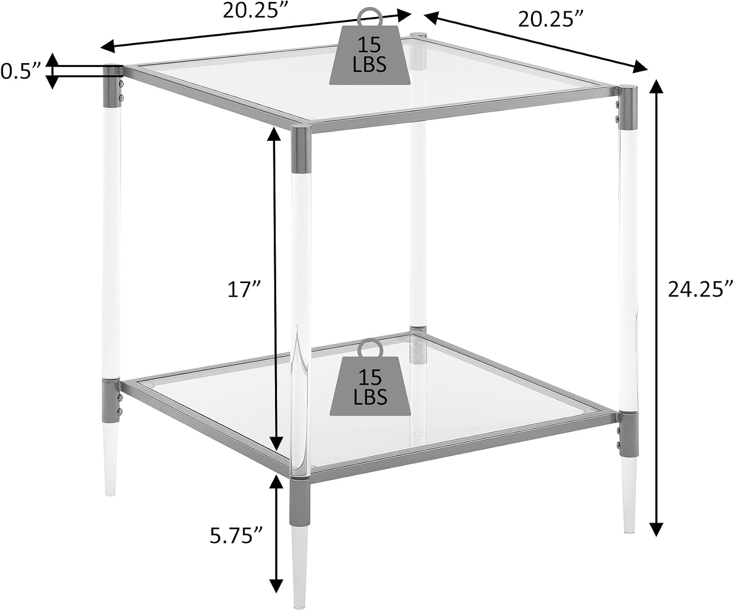 Convenience Concepts Royal Crest Acrylic Glass Square End Table 20.25" - Modern 2-Tier Tempered Glass Living Room Side Table with Storage Shelf, Gold Chrome Frame Table with Acrylic Legs, Glass, Gold