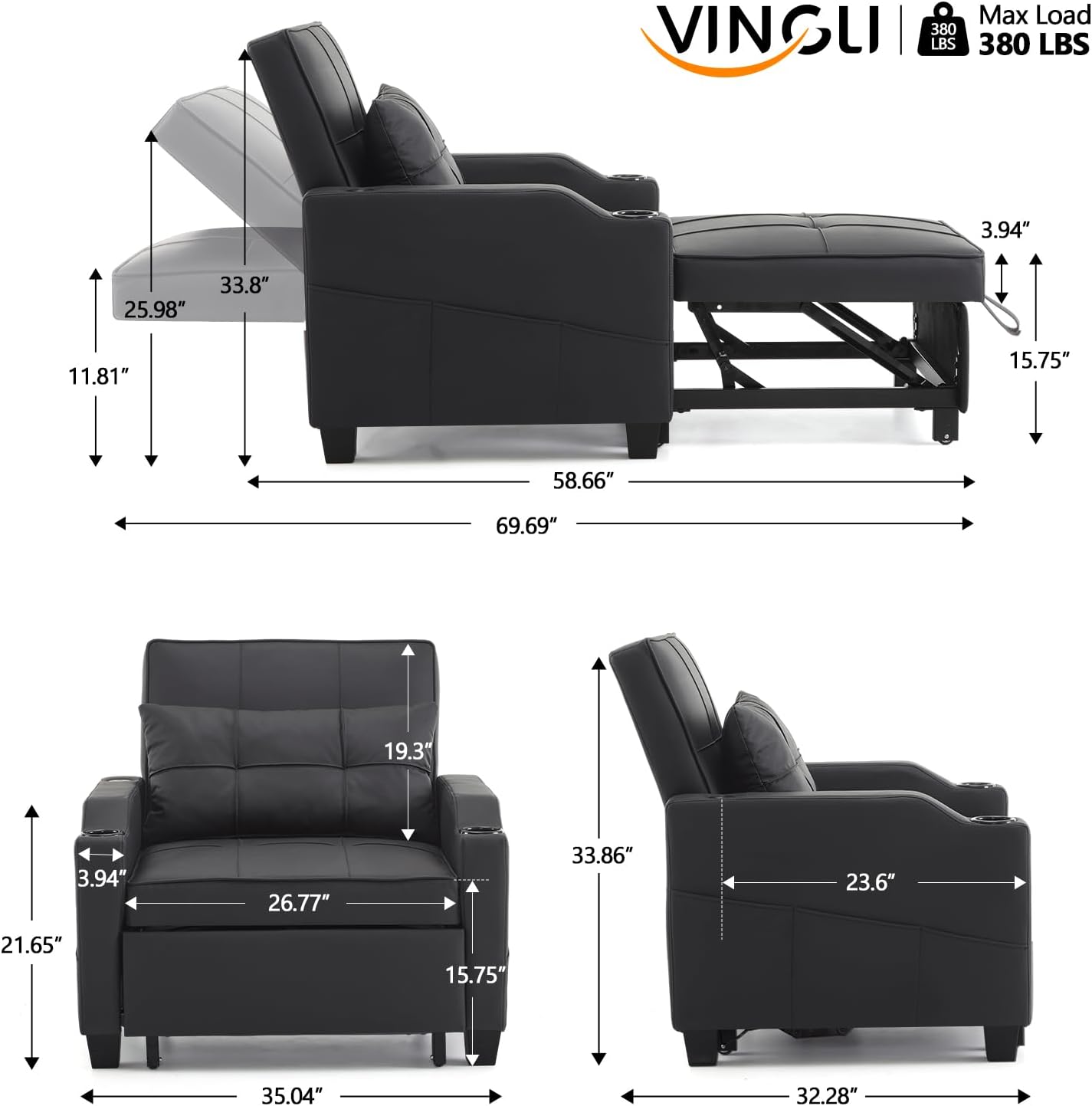 VINGLI Convertible Sleeper Chair Bed, Pull Out Sofa Couch for Living Room | Black 3-in-1 Sofa Bed, Faux Leather Recliner with Adjustable Back, USB Port, Cup Holder, Side Pocket for Small Space, Office