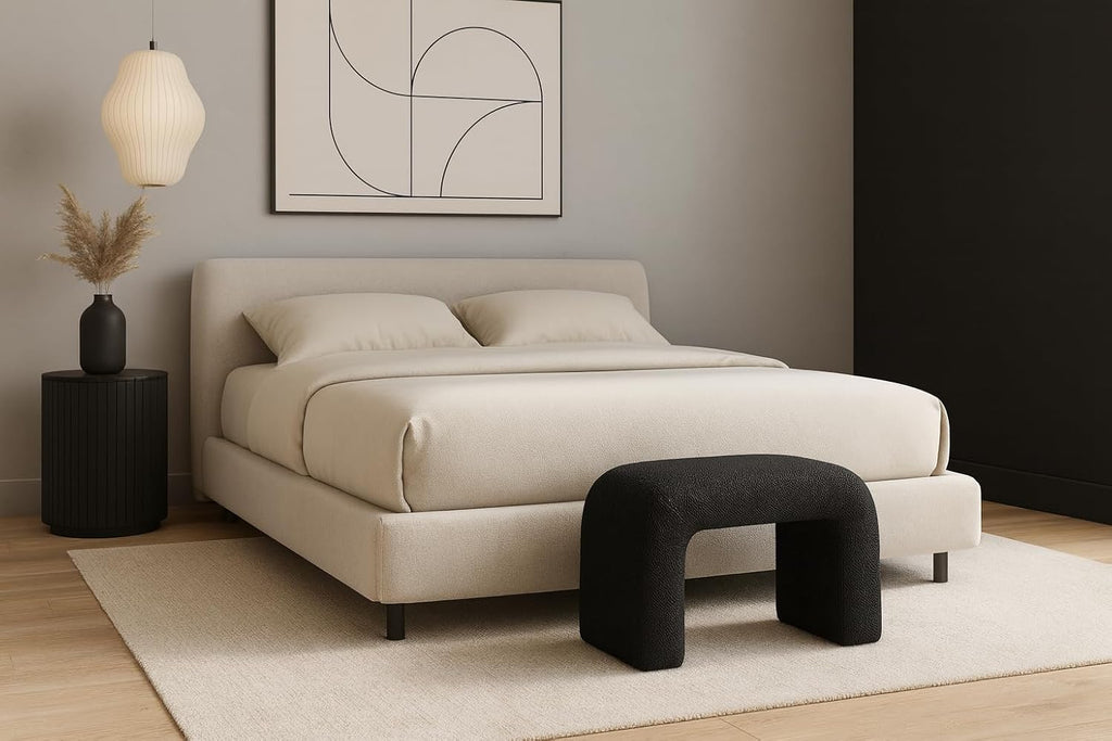 Meridian Furniture 169Black Niagara Collection Modern | Contemporary Boucle Fabric Upholstered Bench with Rich Black Boucle Fabric, Curved Contemporary Design, 28" W x 15.5" D x 17.5" H, Black