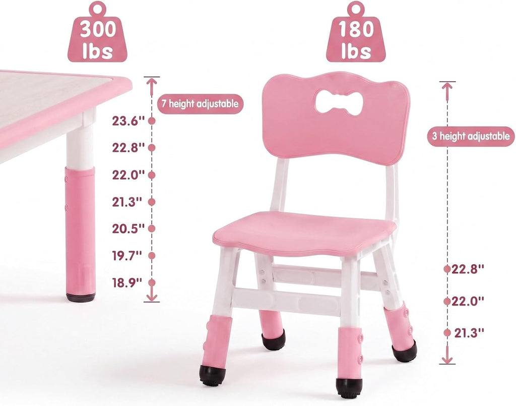 Arlopu Kids Table and 4 Chairs, Height Adjustable Toddler Desk & Chair Set, Anti-Slip Legs, Graffiti Desktop, Children Large Multi-Activity Table with 47.2" x 23.6", Classroom, Homes, Daycares (Pink)