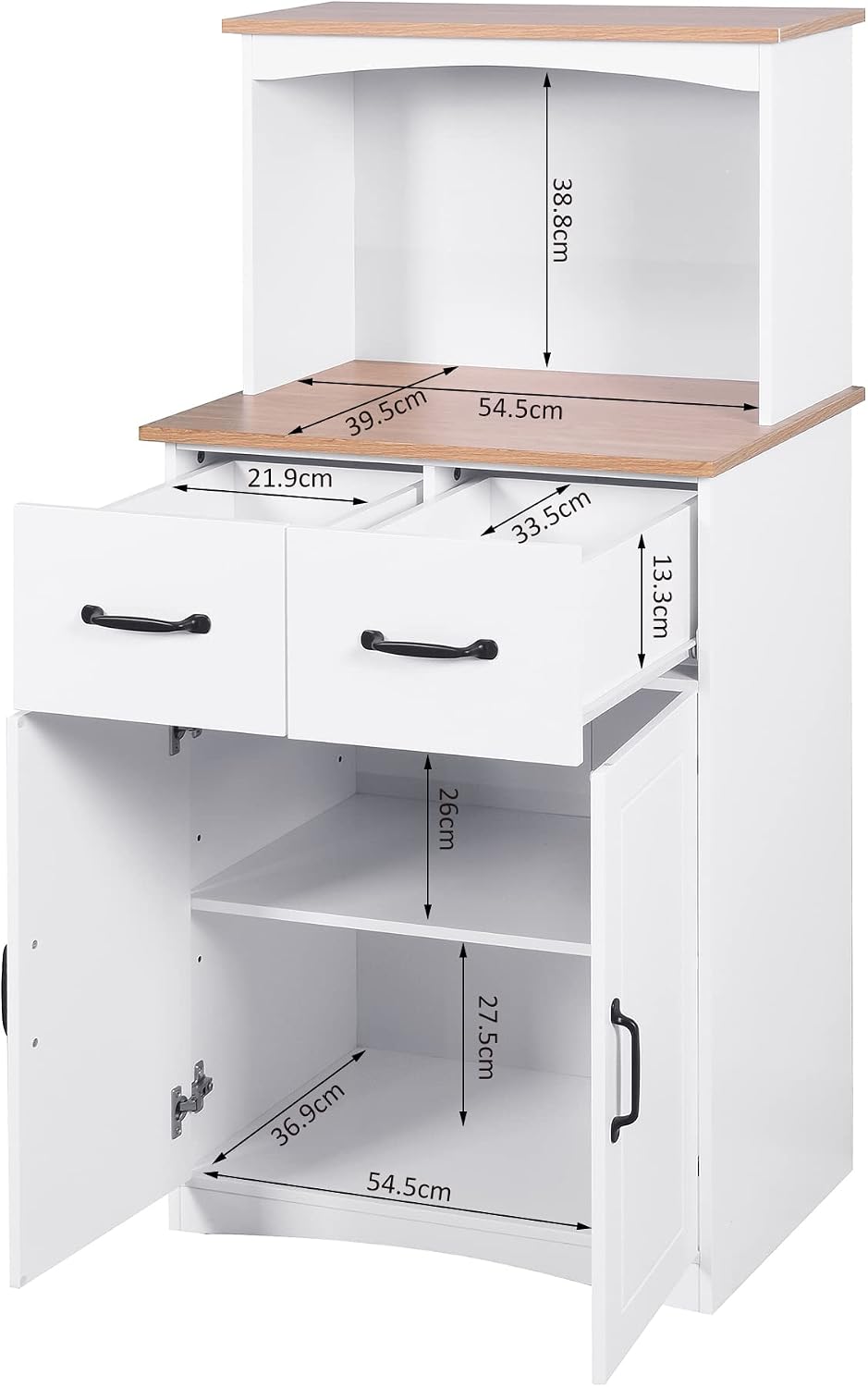 Kitchen Pantry Storage Cabinet Bar Cabinet Cupboard with Storage Drawers and Adjustable Shelf, Microwave Cabinet with Open Space for Kitchen Dining Room Living Room, White