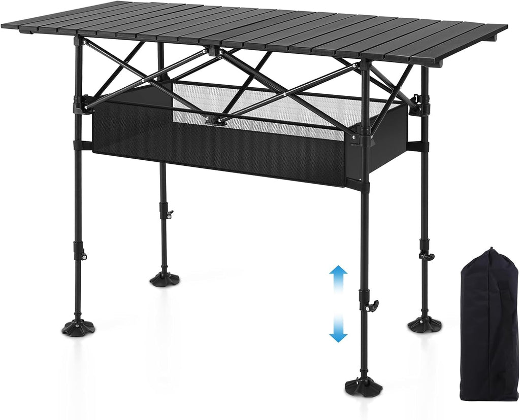 LET'S CAMP Folding Camping Table, Aluminum Roll-up Picnic Backpacking Table | Adjustable Height Camping Table Portable Picnic Dining Table Folding Card Table w/Handle Lightweight for Indoor Outdoor