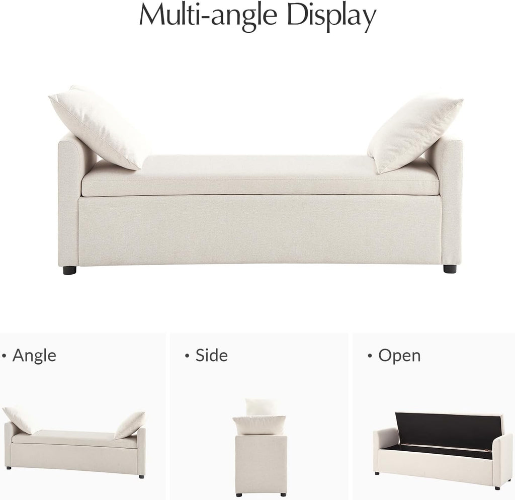 59.5" Modern Storage Ottoman Bedroom Bench, End of Bed Bench with Arms and Throw Pillows, Footrest Stool for Living Room, Dining Room, Entryway and Hallway, Linen