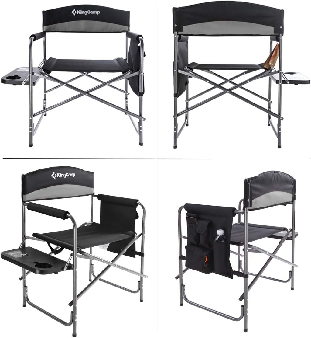 KingCamp Folding Camping Chair, Heavy Duty Portable Directors Style with Side Table Carry Handle Storage Pockets for Outdoor Tailgating Sports Backpacking Fishing, Black