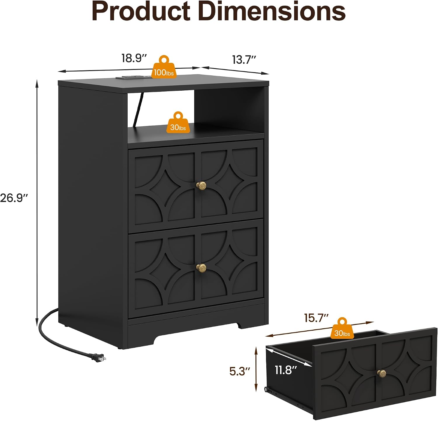 RoyalCraft Nightstand Set of 2, Large Night Stand with Charging Station, Modern Side Table with 2 Drawers, Accent End Table, Storage Cabinet for Bedroom, Entryway, Black