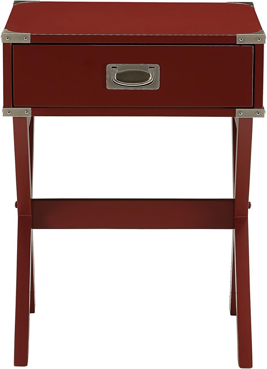 16" Square Accent Table, Drawer Storage, X-Shaped Base with Metal Corner Trim for Living Room, Red