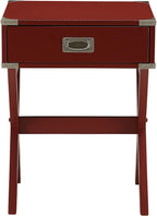 16" Square Accent Table, Drawer Storage, X-Shaped Base with Metal Corner Trim for Living Room, Red