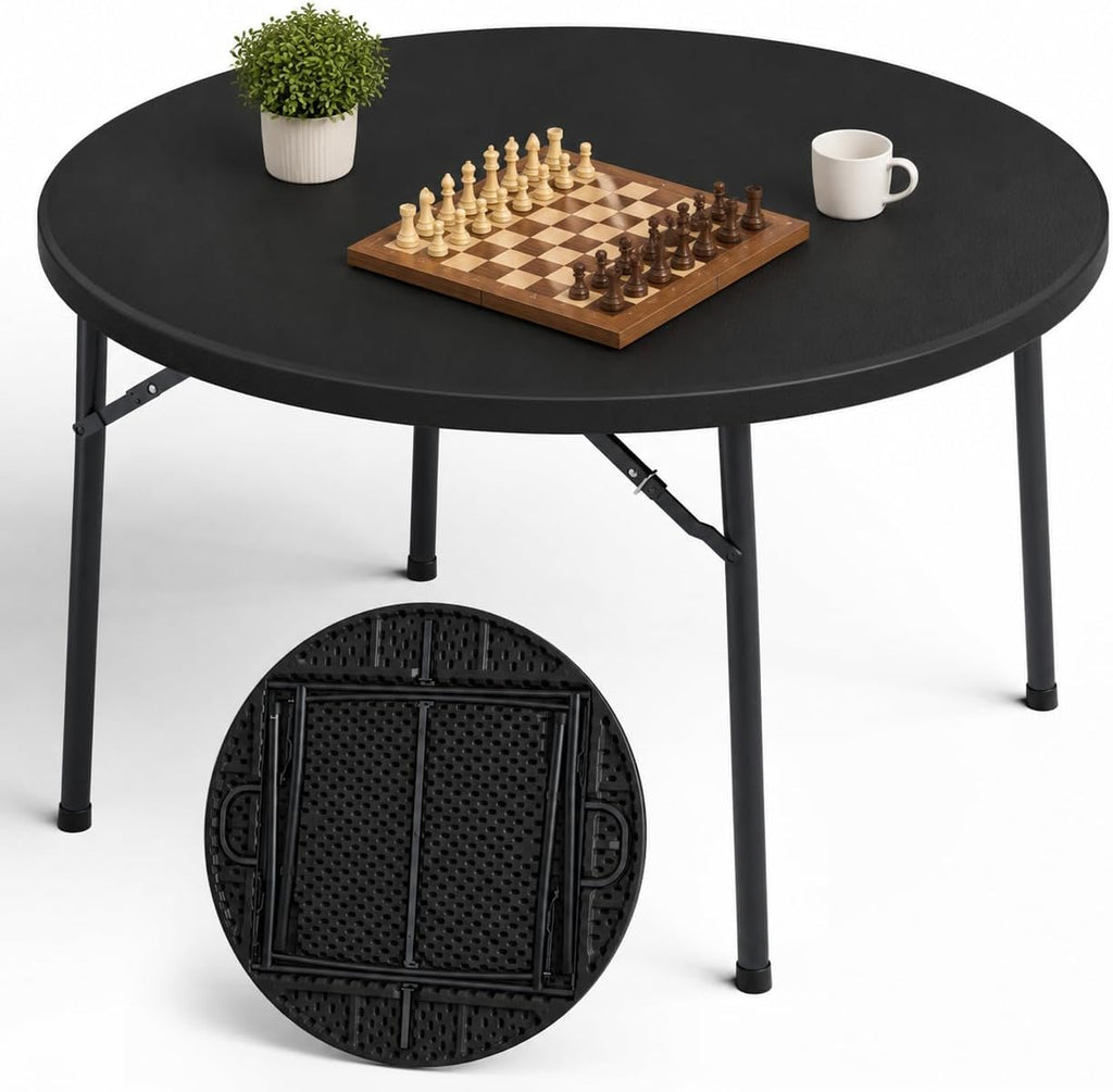 4FT Round Folding Table with Foldable Legs, Heavy Duty Banquet Table. Black | 600 lbs Capacity | 48" Round Surface | Foldable Leg Design | Seats 4-6 People | Dining, Games & Gatherings