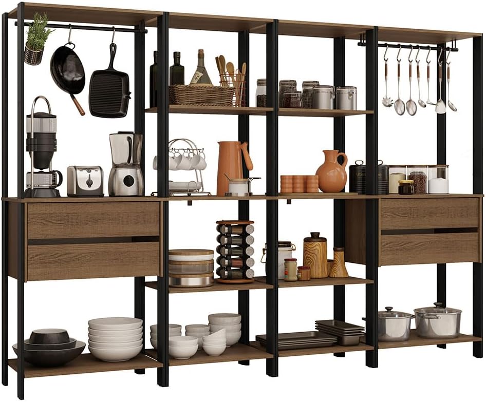 Madesa Kitchen Pantry Storage Rack with 4 Drawers, Open Shelves and Hanging Spaces 102" L Multiuse Modular Cabinet for Kitchen Organization - Black/Brown