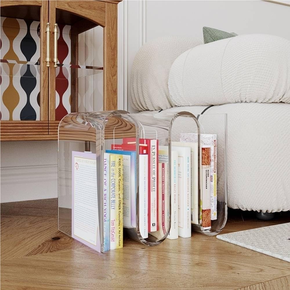S Shaped Acrylic Side Table, Sleek Nightstand, Acrylic Coffee Table, Clear Bedside Table, Magazine Bookshelf, End Table for Living Room, Bedroom, Study, Patio(Orange)