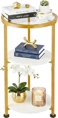 Glass Side Table, Tempered Glass Small Round Side Table with 3-Tier Storage Shelves for Small Spaces, Modern Glass Round End Table for Living Room, Bedside Nightstand for Bedroom (White+Gold)